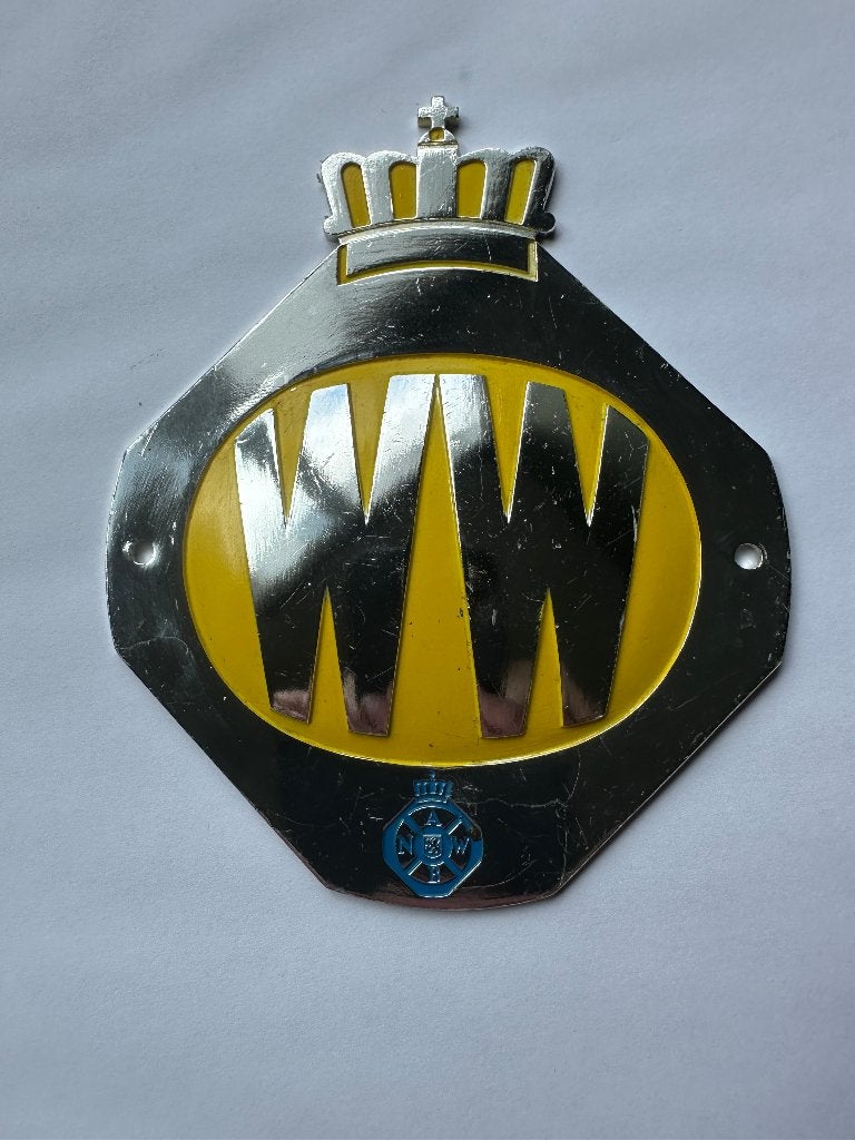 Geel ANWB WW embleem. A.N.W.B. logo voor een oldtimer auto., Ophalen of Verzenden, Gebruikt, Gebruiksvoorwerp