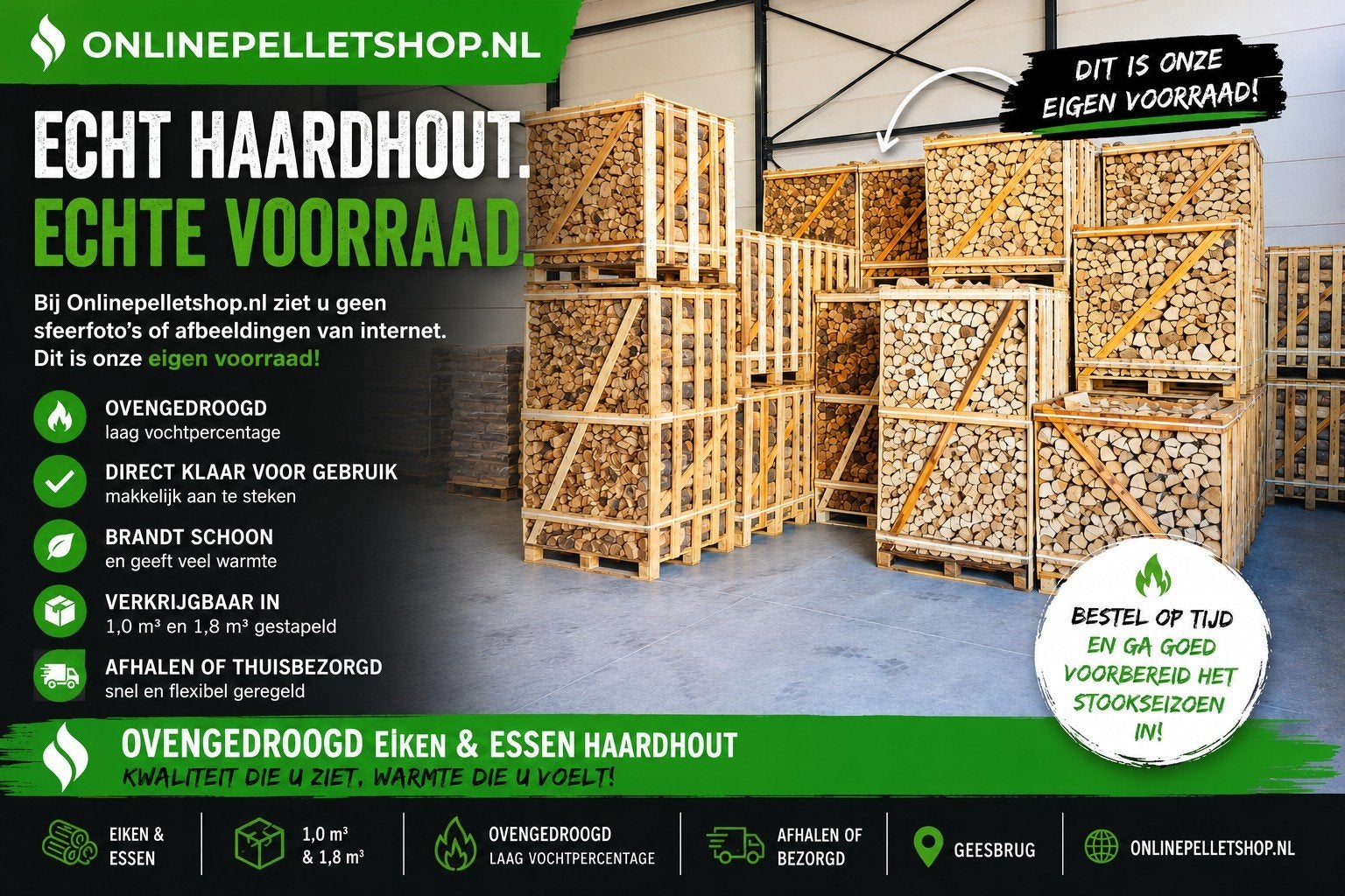 Eiken en Essen haardhout Ovengedroogd | 1m3 en 1.8m3, Tuin en Terras, Minder dan 3 m³, Ophalen, Blokken