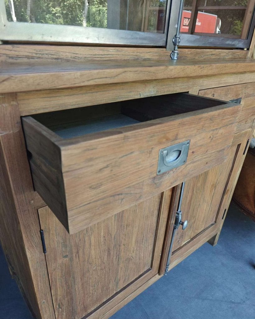 stoere hoge vitrinekast | Reclaimed teak met staal #6682, Huis en Inrichting, Gebruikt, Met deur(en), -, 200 cm of meer