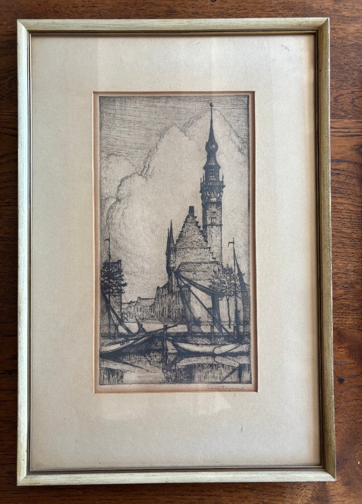 Houtsnede Veere  - Louis Heymans, Ingelijst, Stadsgezicht, 31 cm, Houtsnede