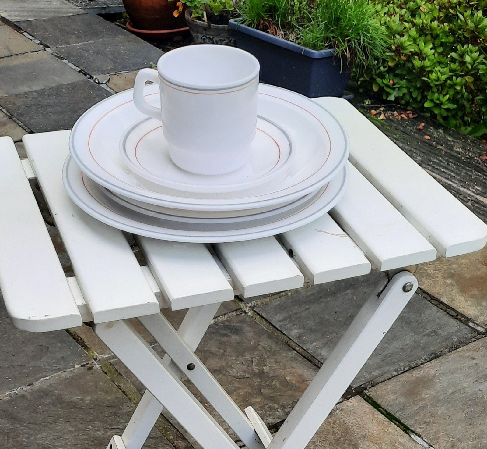 Arcopal servies met roze/grijs randje - 6 persoons, Ophalen, Overige merken, Klassiek, Compleet servies