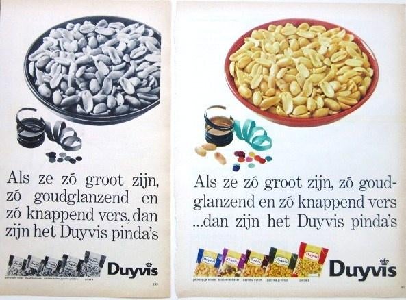 6 vintage advertenties reclames Duyvis pinda's 1963-66, Verzamelen, Ophalen of Verzenden, Gebruikt, Overige typen
