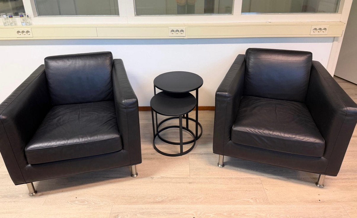 Minotti lederen fauteuil 2x, Huis en Inrichting, Ophalen, Zo goed als nieuw, 50 tot 75 cm, Leer