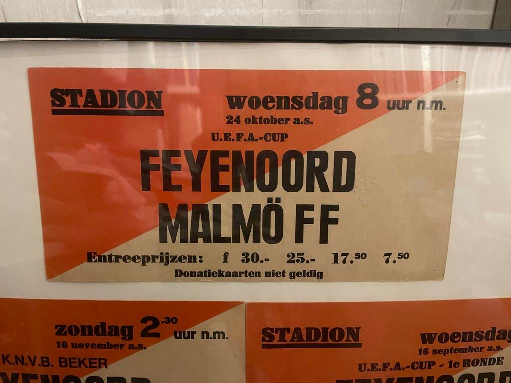 Feyenoord oude wedstrijd tram aankondigingen 7x  ingelijst, Ophalen, Feyenoord, Poster, Plaatje of Sticker
