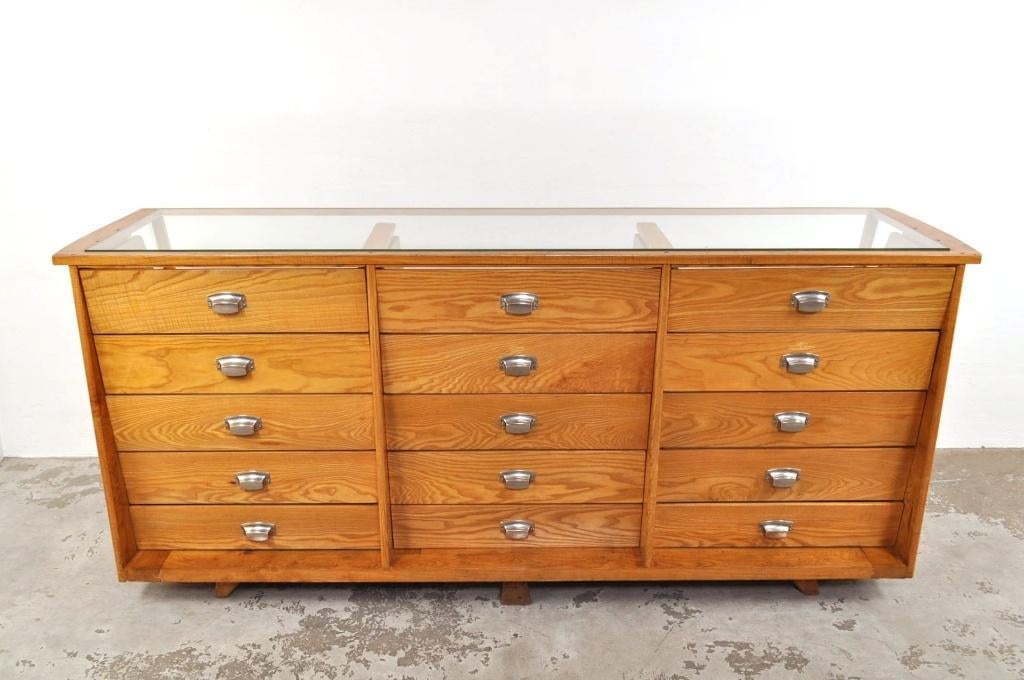 Vintage art deco eiken winkelvitrine toonbank jaren 30, Gebruikt, 75 cm of meer, Ophalen of Verzenden, 200 cm of meer