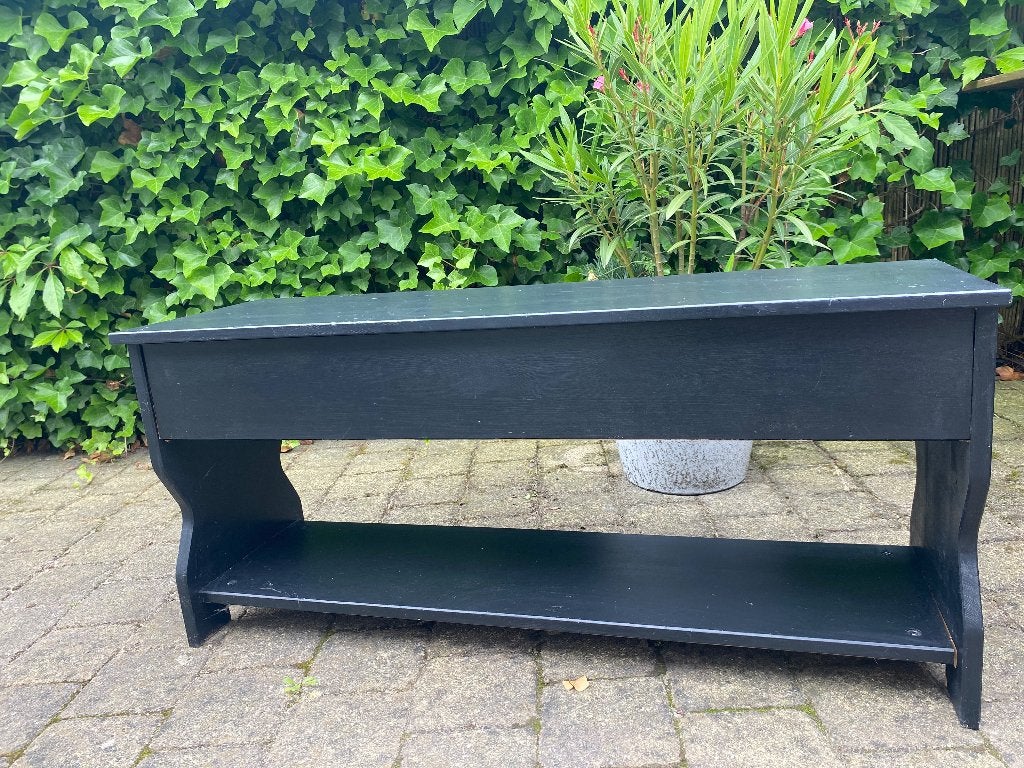 Zwart houten bankje met opbergruimte en plank, Ophalen, Gebruikt