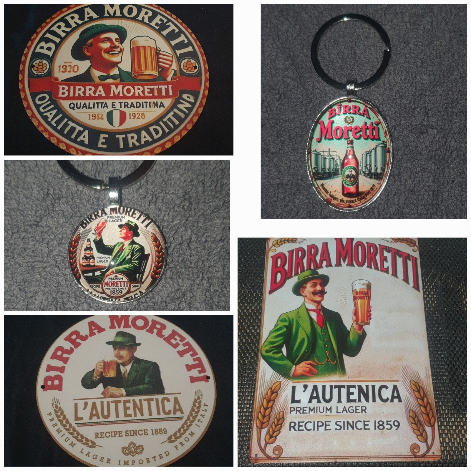 3 birra moretti wandborden en 2 sleutelhangers, Verzamelen, Ophalen of Verzenden, Nieuw, Reclamebord, Plaat of Schild, Overige merken