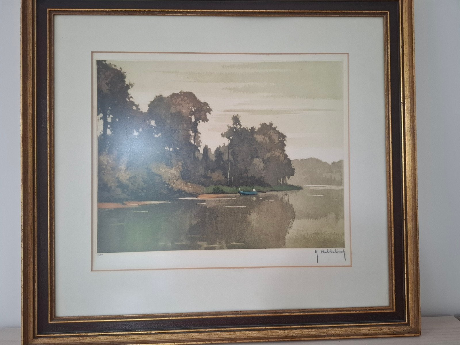 Ingelijste Litho R. Hebbelinck - Landschap met boot, Antiek en Kunst, Ophalen