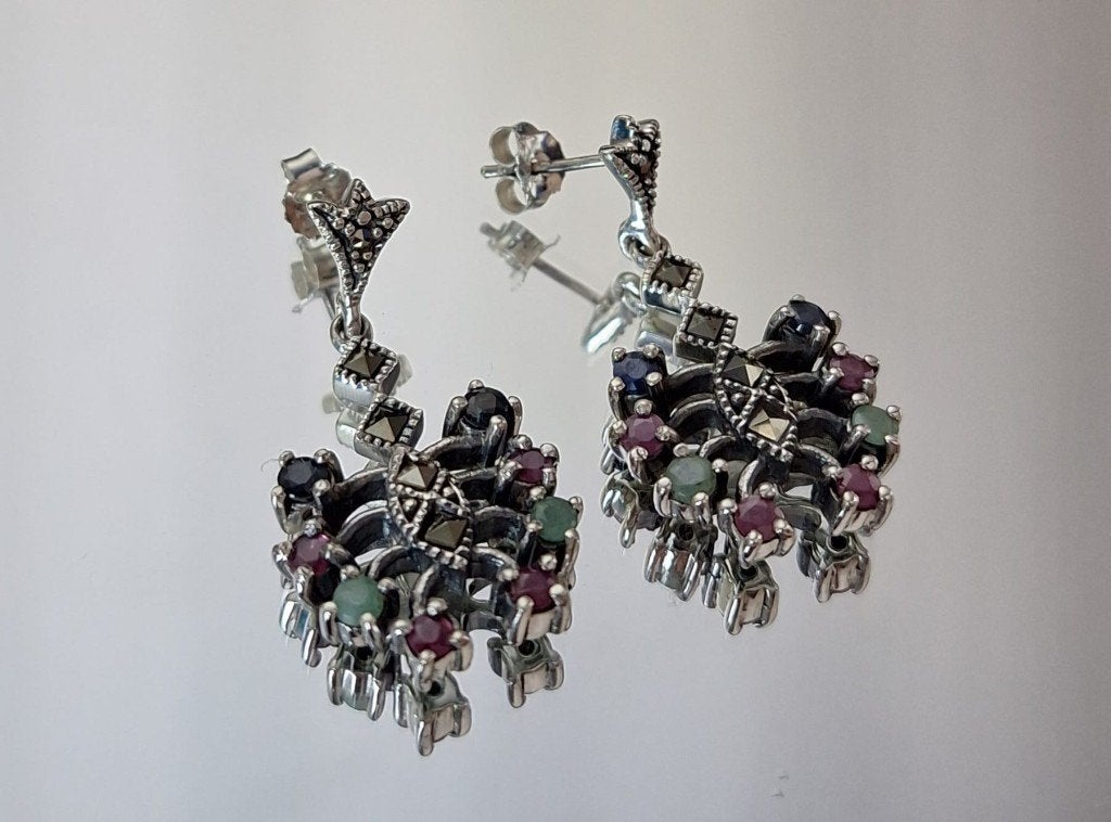 Zilveren 925 Oorbellen met Saffier, Robijn en Smaragd, Sieraden, Tassen en Uiterlijk, Oorbellen, Nieuw, Ophalen of Verzenden, 5646JA