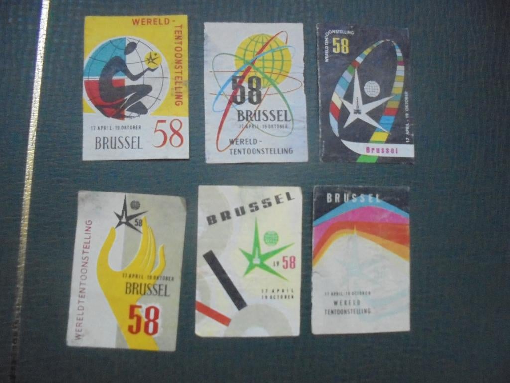 6 oude lucifermerken Wereldtentoonstelling Brussel 1958, Verzamelen, Ophalen of Verzenden, Zo goed als nieuw, Luciferdoosjes of -merken