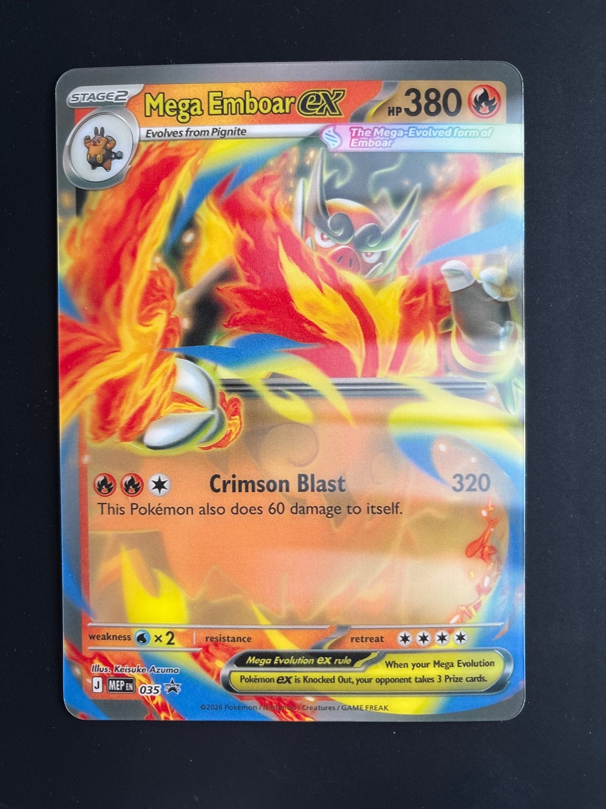 Mega Emboar EX Pokémon Kaart - Zeldzaam en Krachtig, Ophalen of Verzenden, Zo goed als nieuw, Losse kaart