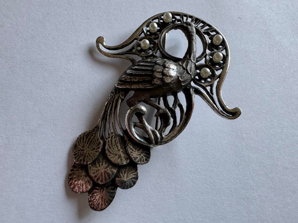 Grote zilveren broche/ hanger pauw met parels, Ophalen of Verzenden, Nieuw, Zilver