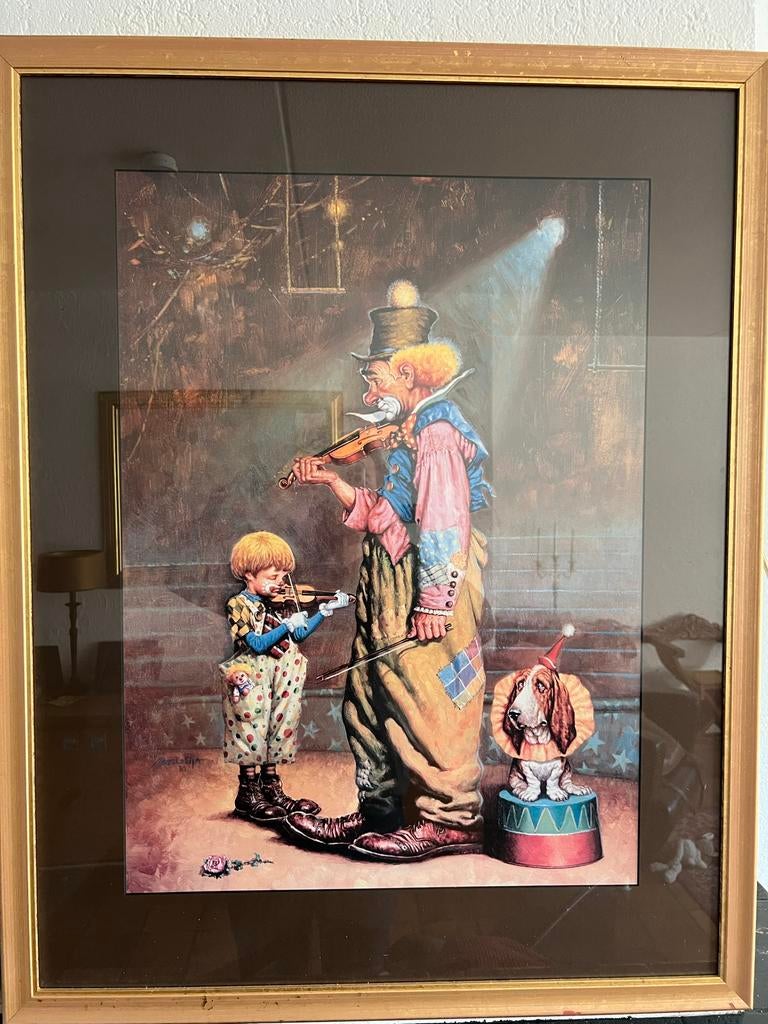 Clown afbeelding in lijst - Nostalgisch kunstwerk, Antiek en Kunst, Kunst | Schilderijen | Klassiek, Ophalen