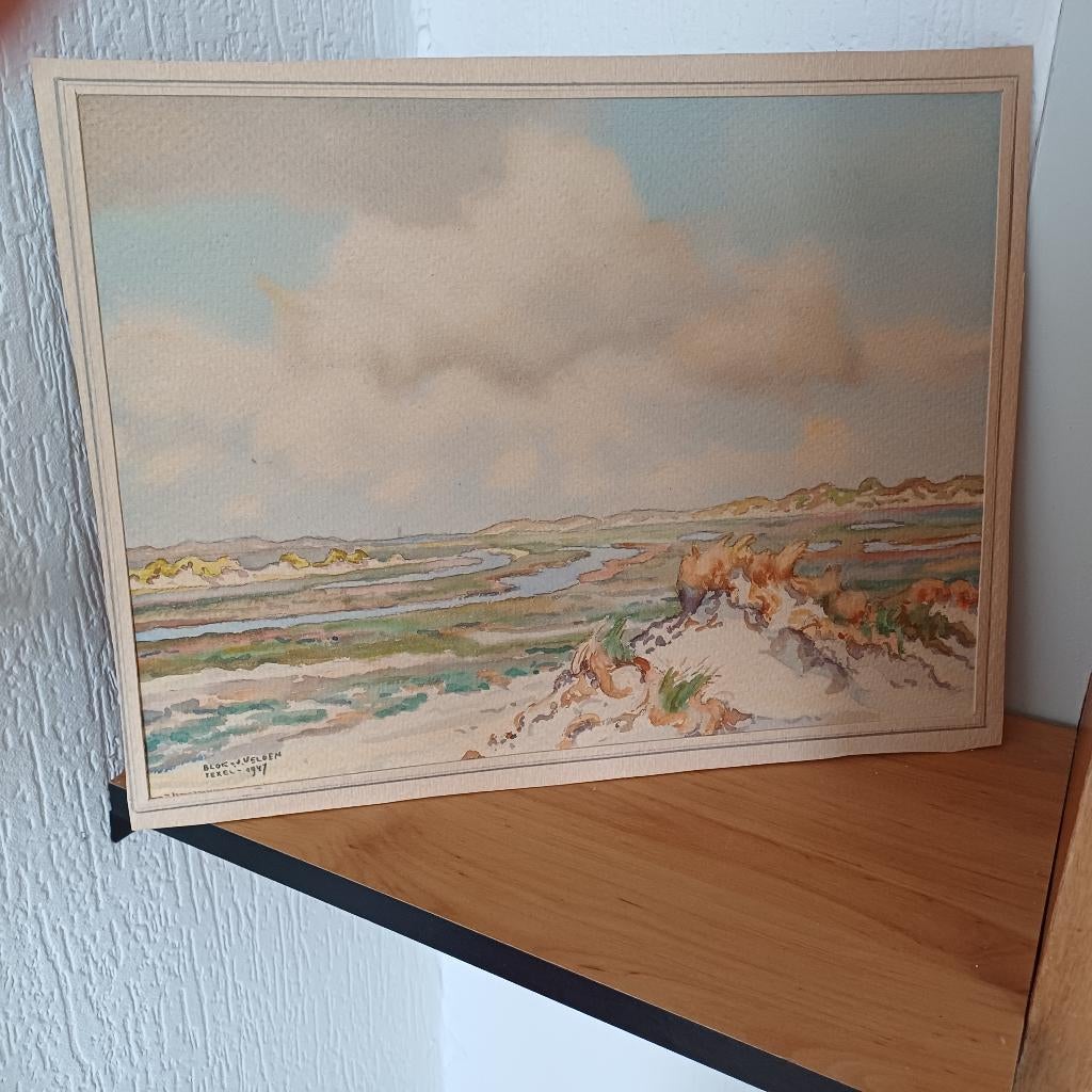 ets/aquarel Texel blok v d velden 1947, Antiek en Kunst, Kunst | Etsen en Gravures, Ophalen