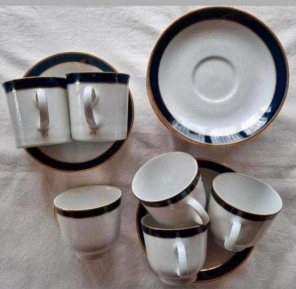 Douwe Egberts Winterling kopjes kobalt blauwe gouden biesjes, Huis en Inrichting, Keuken | Tupperware, Zo goed als nieuw, Beker of Kan