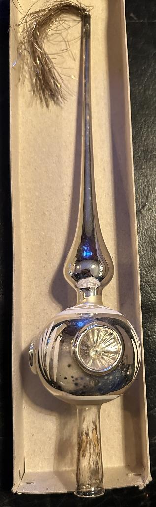 14 vintage zilveren glazen kerstballen + piek met tinsel, Diversen, Kerst, Ophalen, Gebruikt