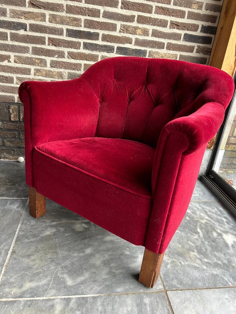 Vintage Pander clubfauteuil – jaren ’30 – rood velours, Ophalen, Minder dan 50 cm, Gebruikt, Authentiek - jaren '30