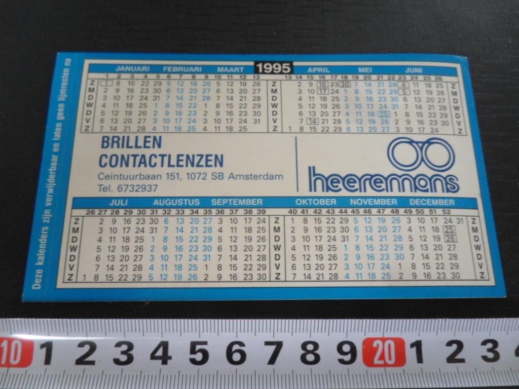 sticker Kalender 1995 Amsterdam HEEREMANS Brillen Contactle*, Verzamelen, Ophalen, Zo goed als nieuw