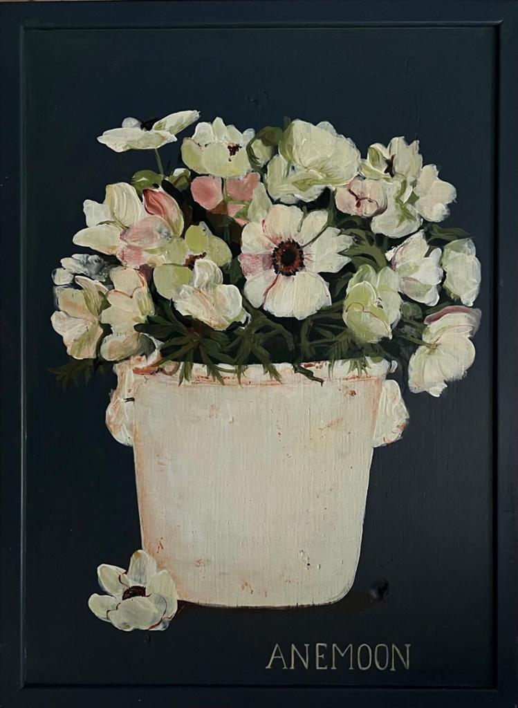 Schilderij, houten paneel, Anemoon, Ophalen, Minder dan 50 cm, Zo goed als nieuw, Schilderij