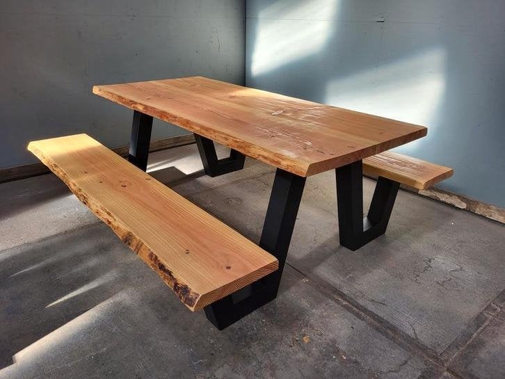 Picknicktafel staal en douglas/lariks hout. W frame Boomstam, Niet ingevuld, Niet ingevuld, Nieuw, Ophalen of Verzenden