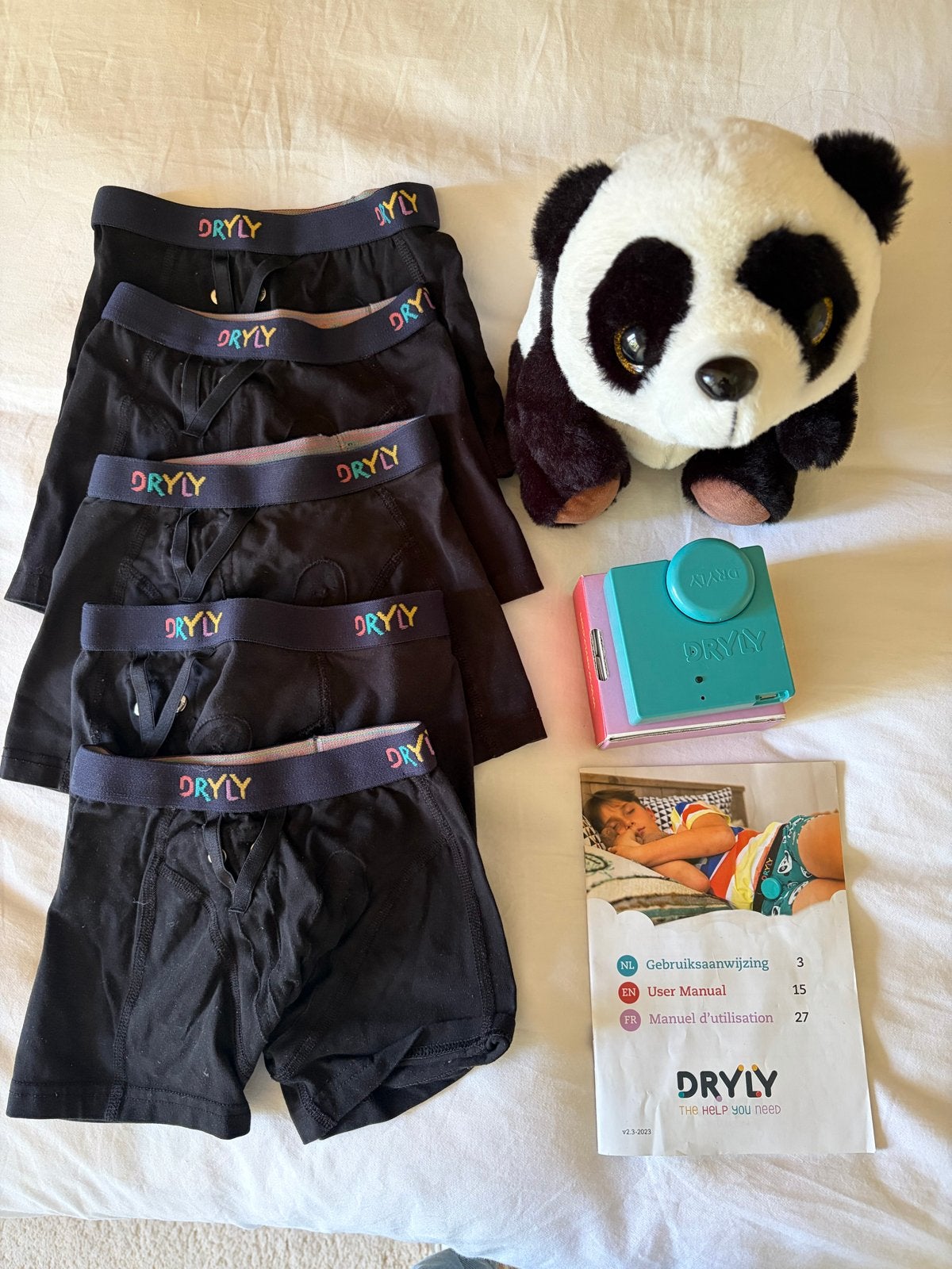 Dryly plaswekker set met 5 onderbroeken en panda knuffel, Kinderen en Baby's, Overige Kinderen en Baby's, Ophalen of Verzenden