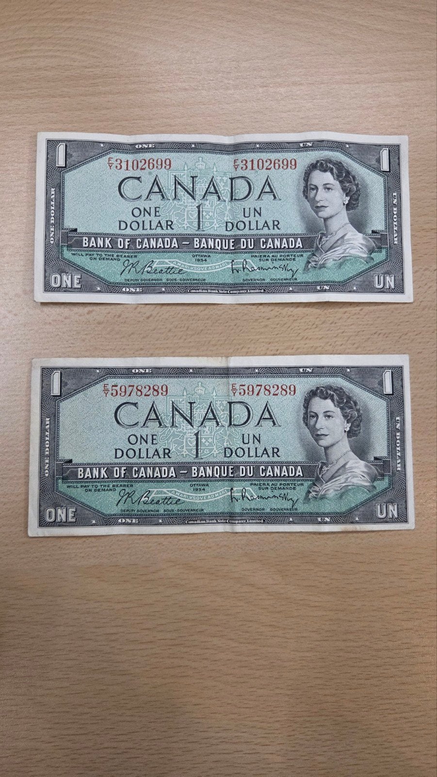 2x Canadese 1 Dollar bankbiljetten 1954 - Koningin Elizabet, Ophalen of Verzenden, Noord-Amerika