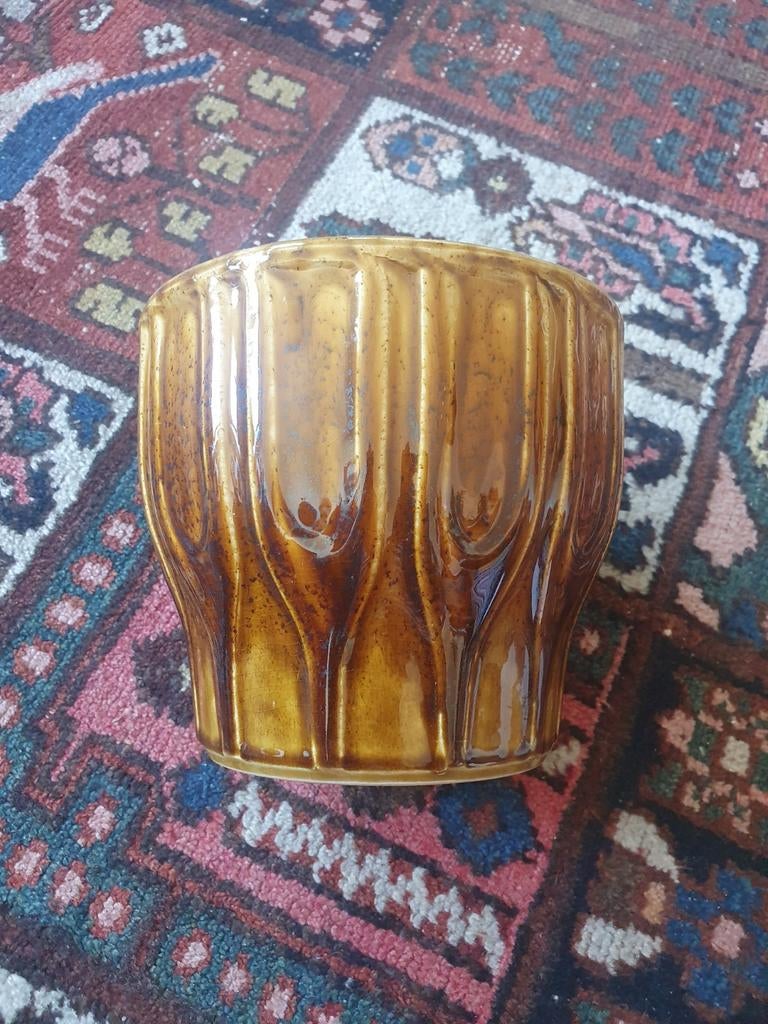 Vintage jasba keramieken bloempot, jaren 70, bruin/okergeel., Ophalen of Verzenden