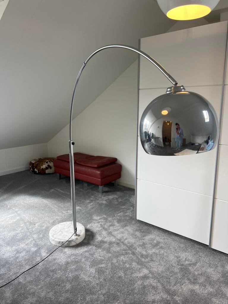 Grote Booglamp met Marmeren Voet en Chromen Kap, Ophalen, Gebruikt, Metaal, 150 tot 200 cm