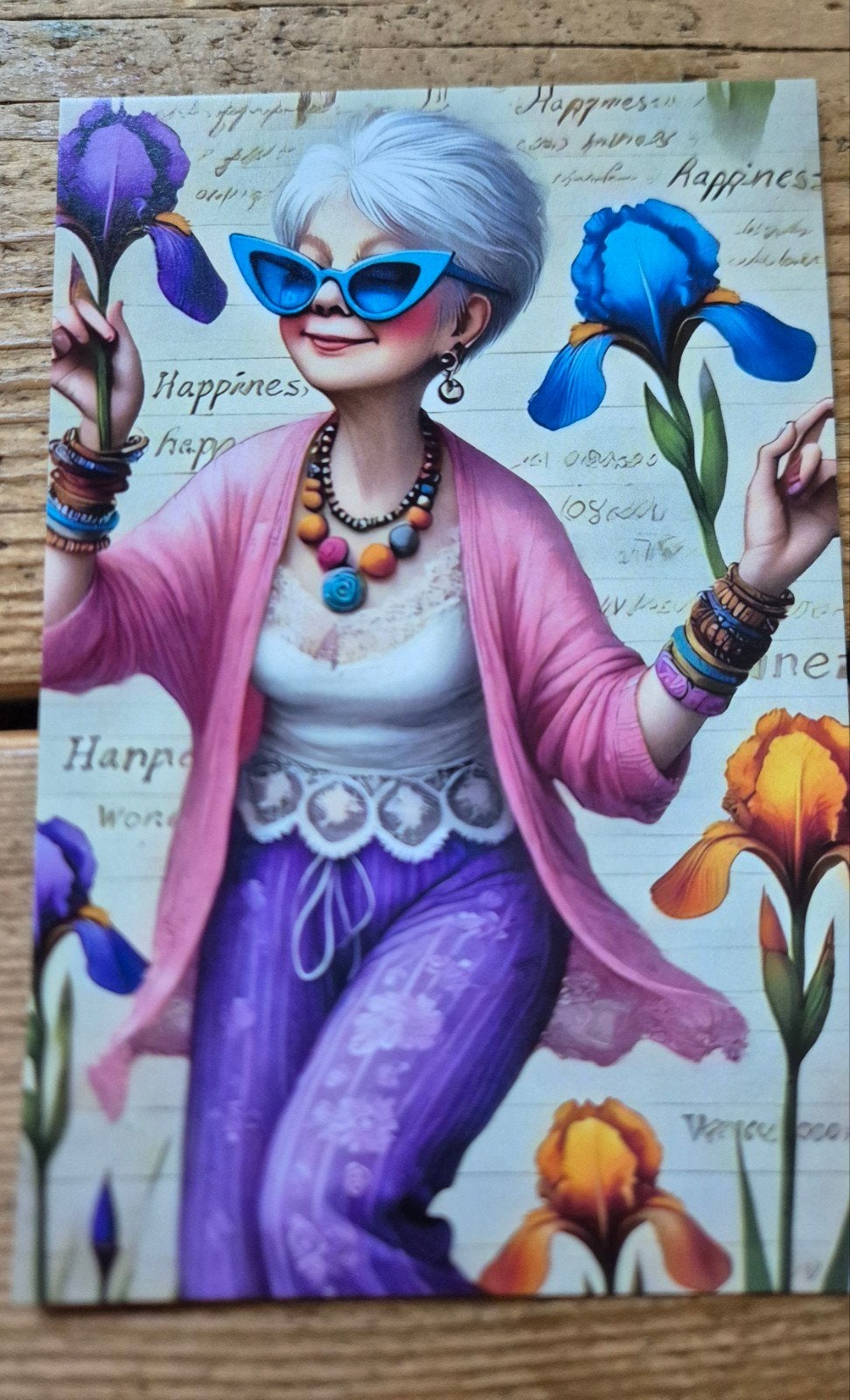 💜Ansichtkaart Flowerpower girl - Hippe oma met bloemen, Ophalen of Verzenden, Ongelopen