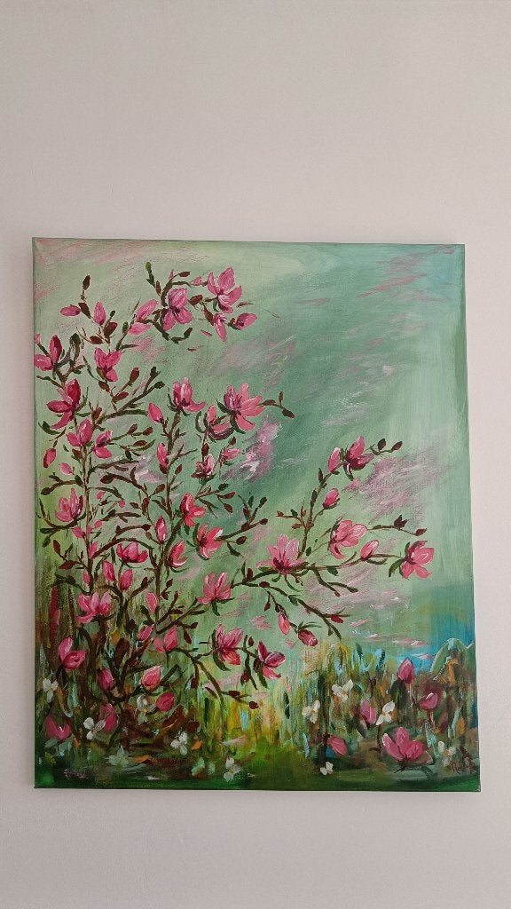 Magnolia canvas schilderij (100 x 80 cm, acrylverf), Antiek en Kunst, Ophalen, Acrylverf, Op houten frame, Bloemen