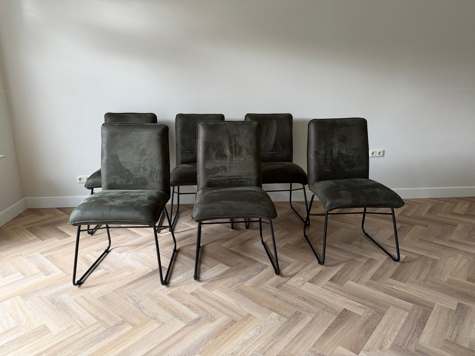 Set van 6 Japandi Eetkamerstoelen – Donkergroen velvet, Ophalen, Gebruikt, Overige kleuren, Metaal