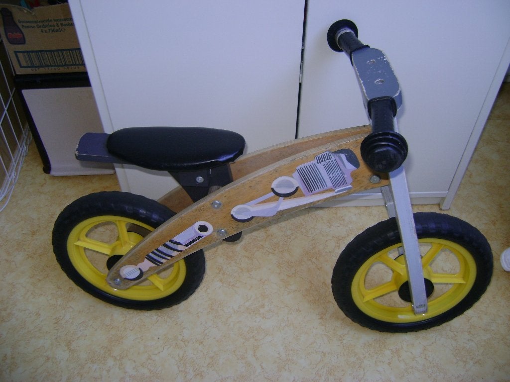 houten loopfiets in blank/geel/grijs met langwerpig zadel, Ophalen of Verzenden, Gebruikt, Loopfiets