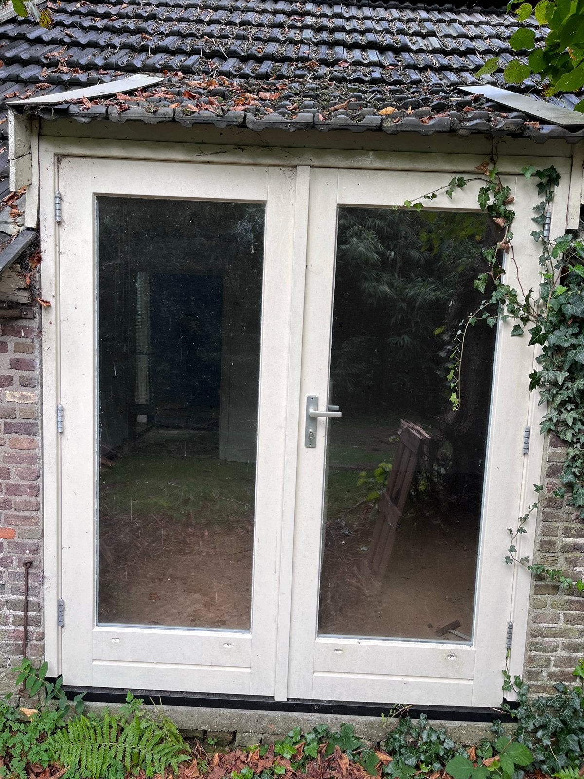 Dubbele tuindeuren met kozijn en dubbel glas, Ophalen, Gebruikt, 120 cm of meer, Minder dan 200 cm