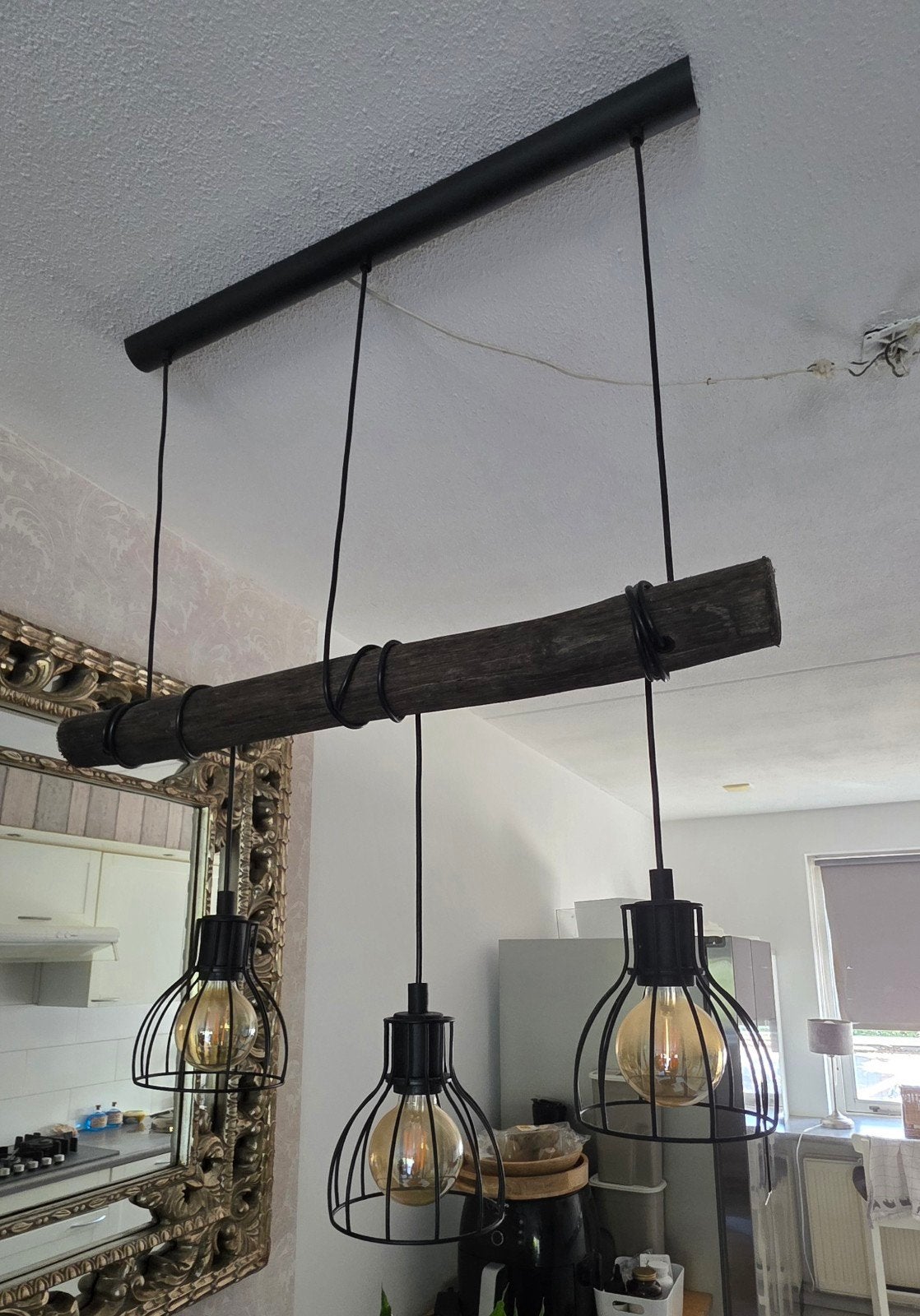 Industriële hanglamp met houten balk en 3 kooilampen, Ophalen, Gebruikt, Industrieel, Landelijk, E27 (groot)