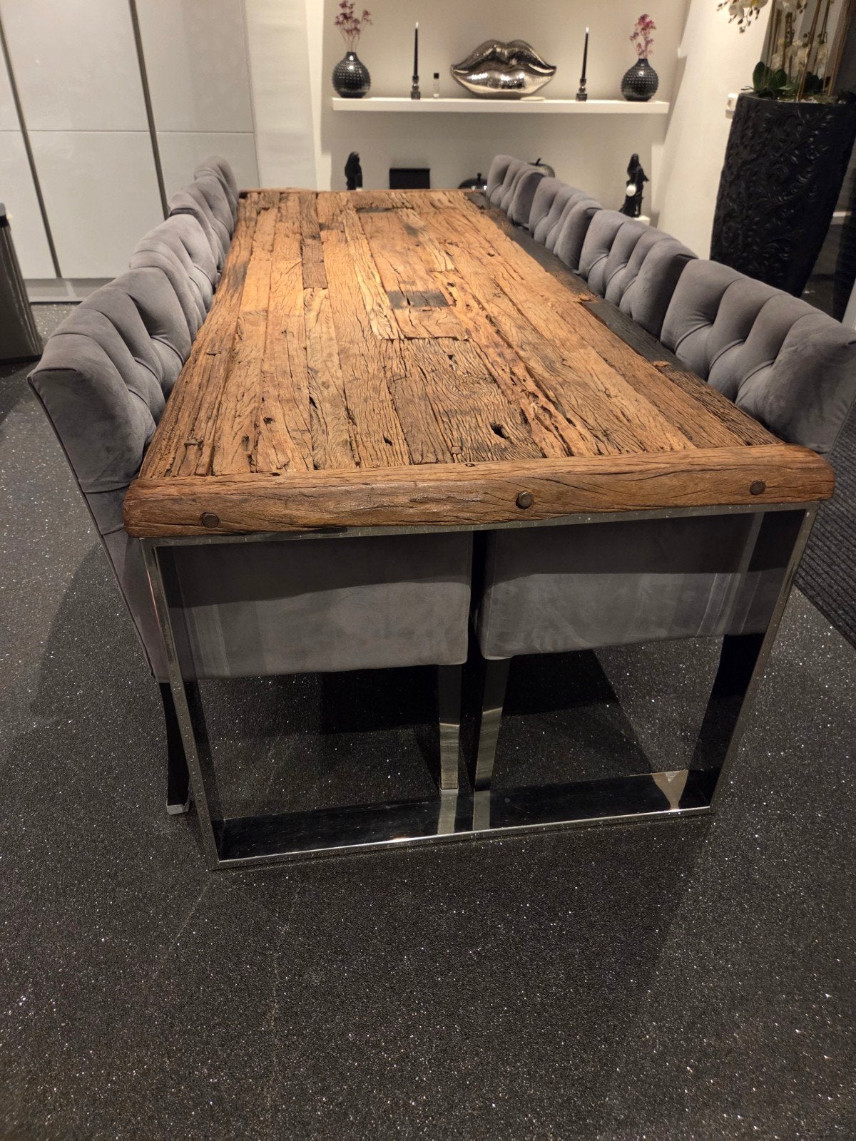 Eetkamertafel, salontafel en bijzettafel met chromen poten, Overige houtsoorten, Gebruikt, 100 tot 150 cm, 200 cm of meer
