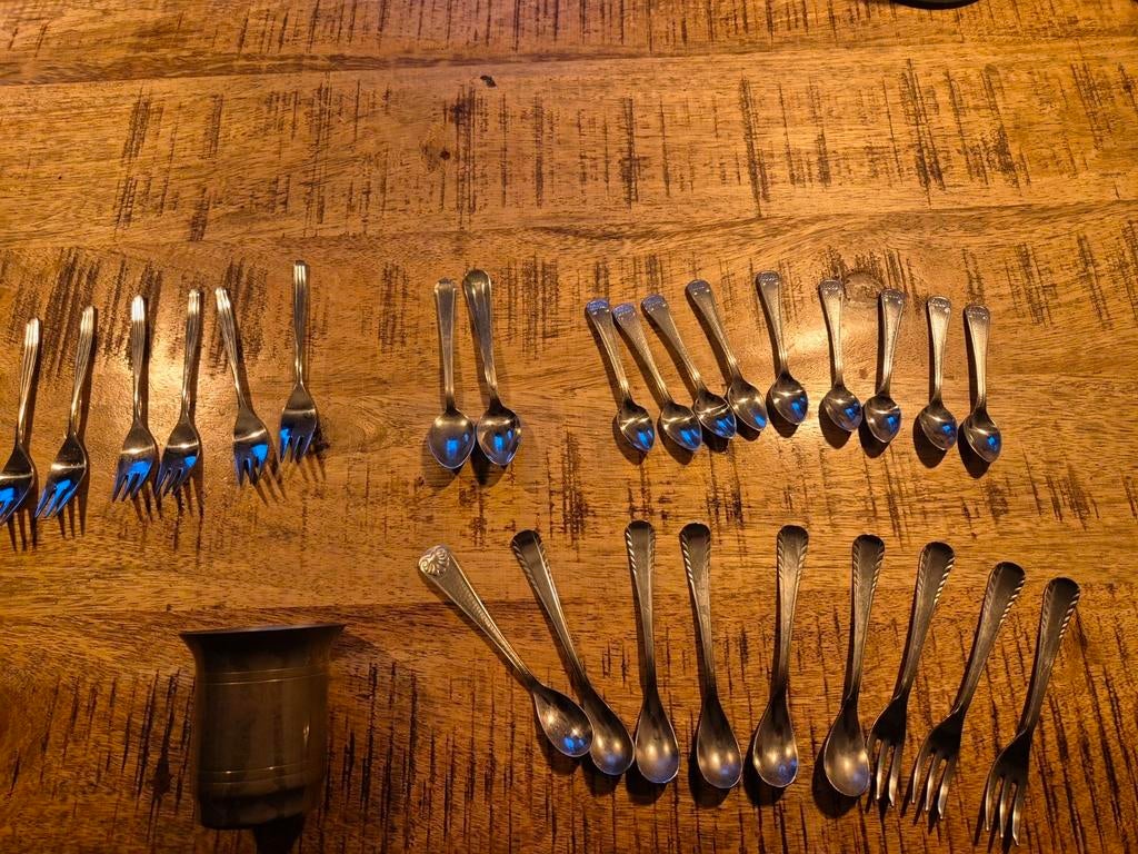 Grote set antieke theelepels en gebaksvorkjes Sola, Antiek en Kunst, Ophalen of Verzenden