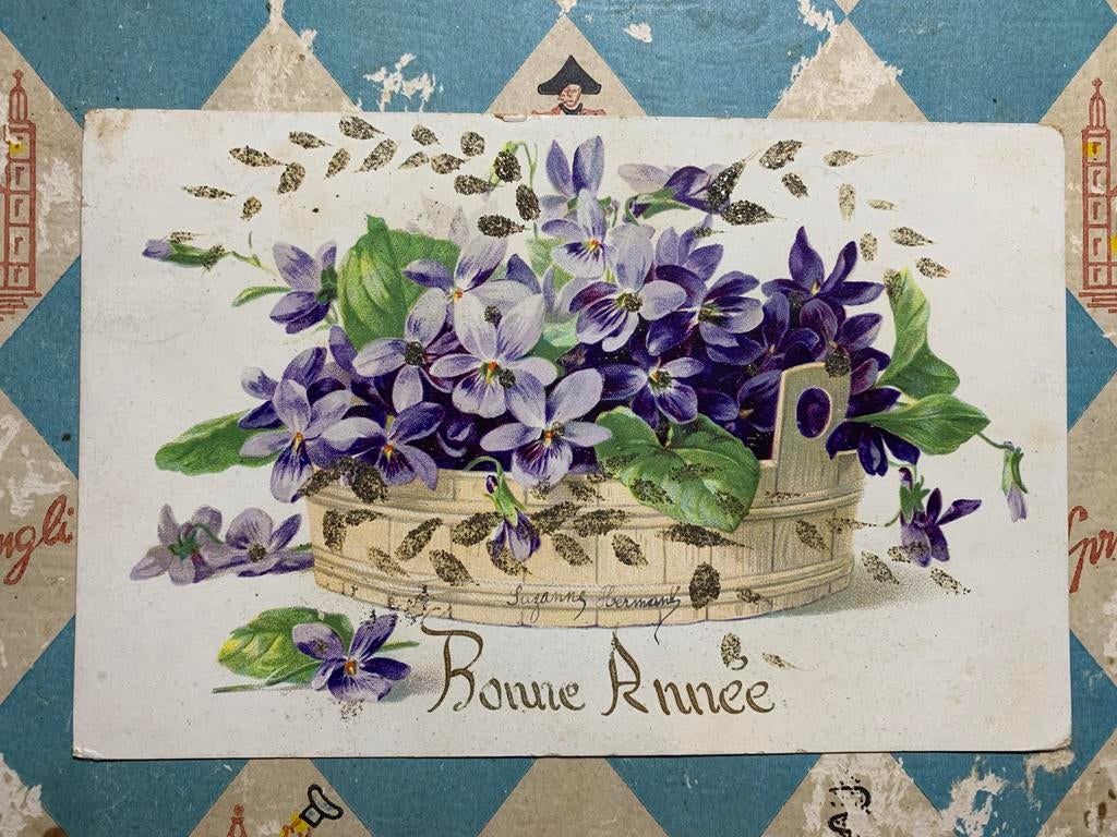 Bonne Année - paarse bloemetjes (RR), Verzamelen, Ansichtkaarten | Themakaarten, Ophalen of Verzenden, Voor 1920, Gelopen, Feest(dag)