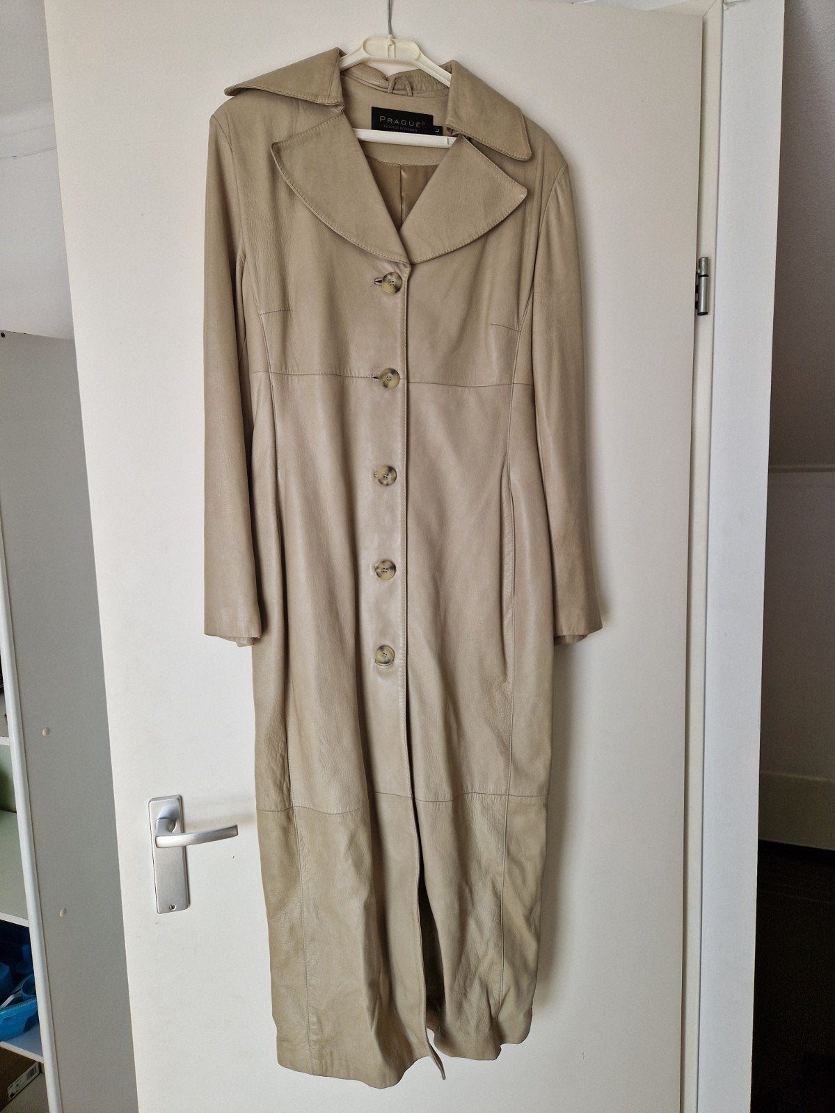 Lange beige leren jas Praque by Louis Dijksman, Maat L, Ophalen of Verzenden
