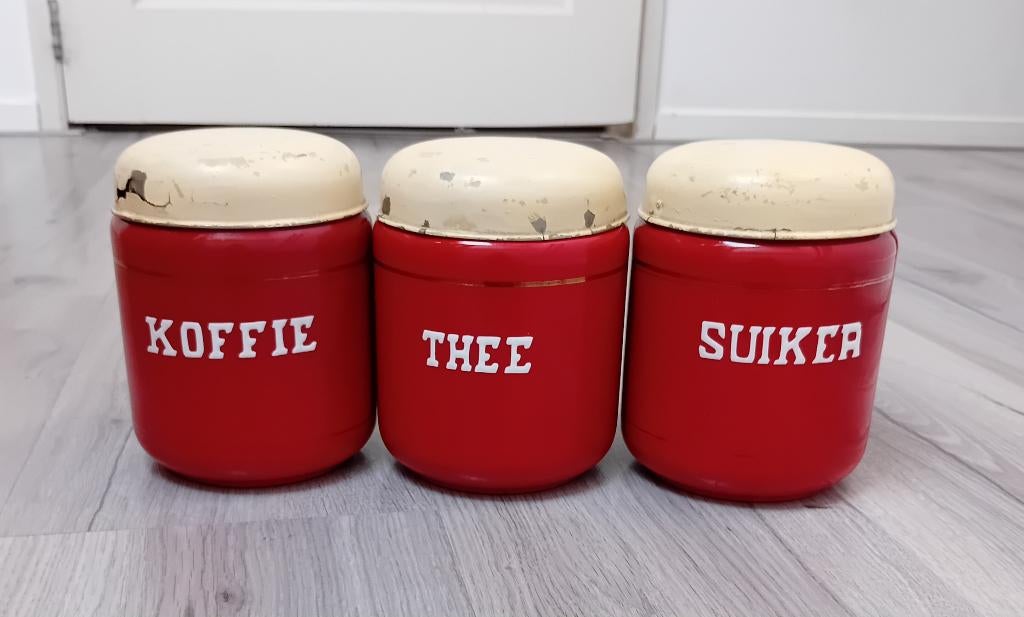 vintage rode emaille voorraadbussen, set van 3, Ophalen of Verzenden