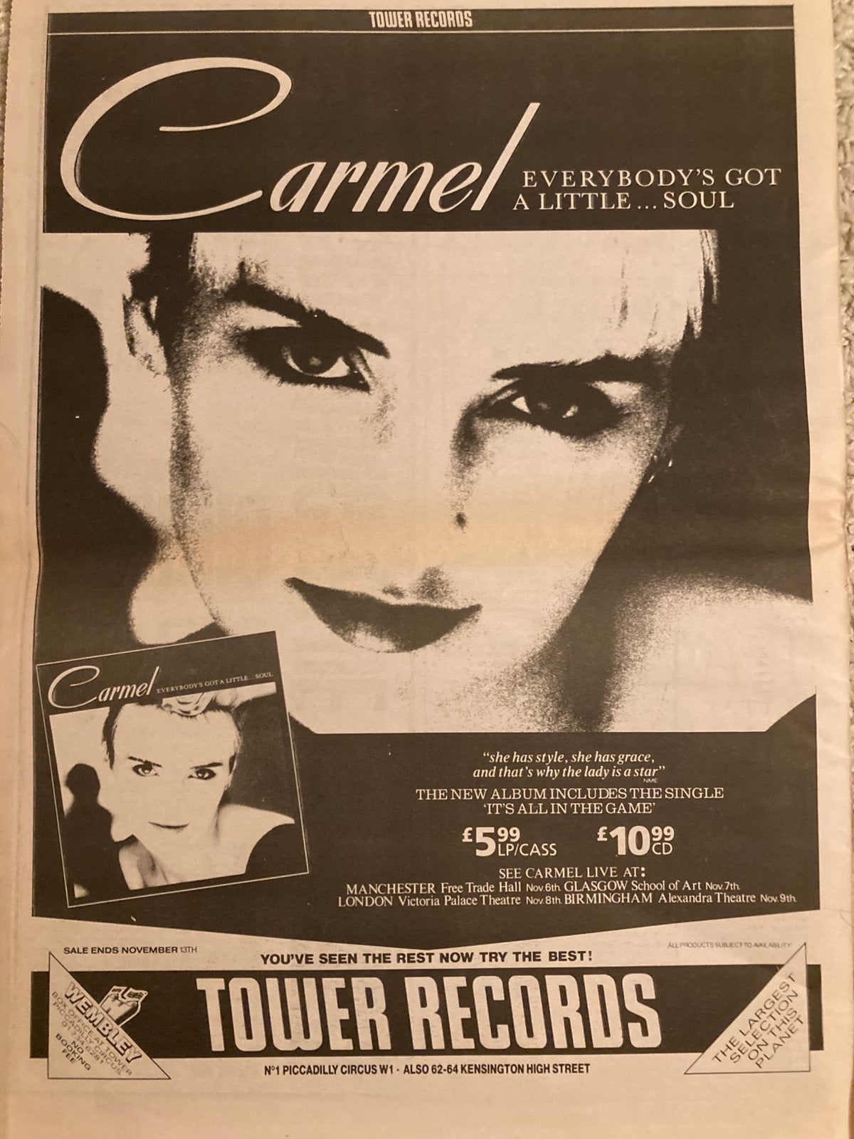 CARMEL Everybody’s Got A Little Soul release A3 advertentie, Ophalen of Verzenden, Zo goed als nieuw