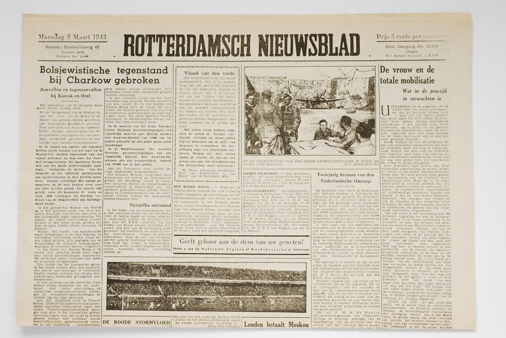 8 maart 1943 - Rotterdamsch Nieuwsblad | Heruitgave 1994, Verzamelen, Militaria | Tweede Wereldoorlog, Zo goed als nieuw, Verzenden