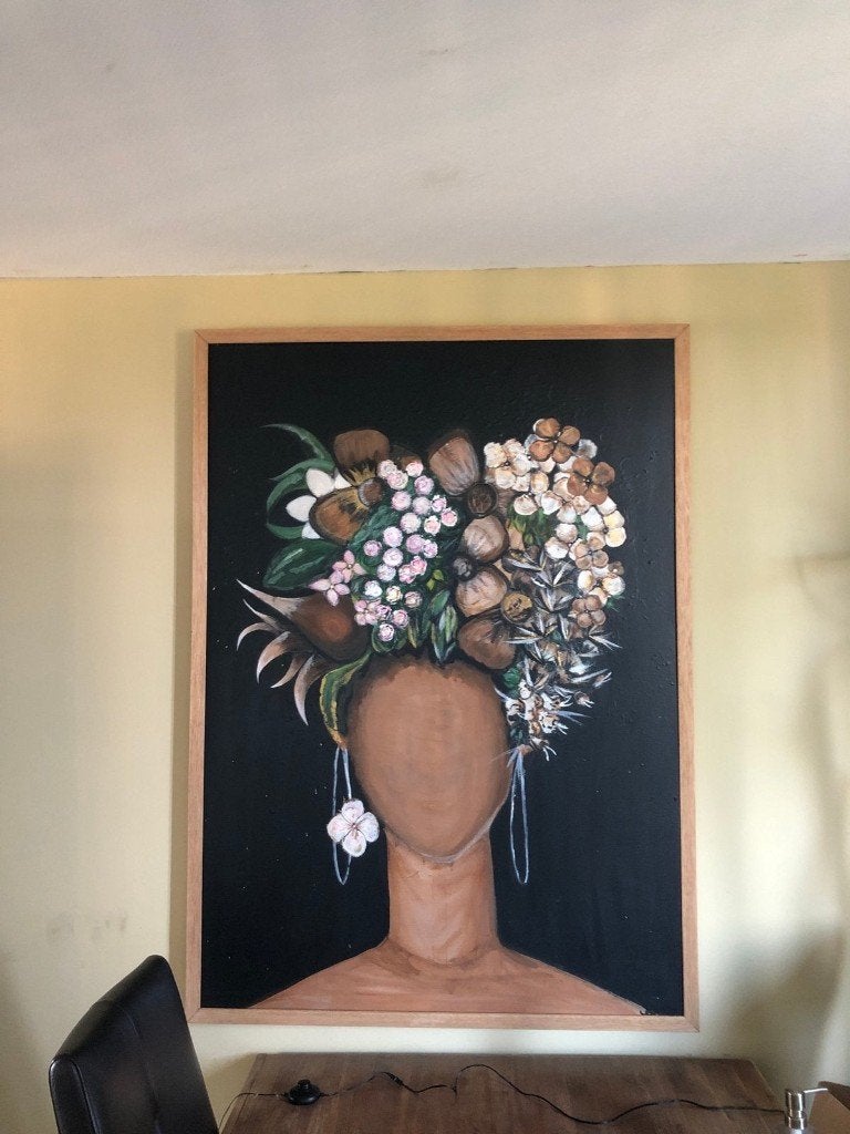 Groot Schilderij Vrouw met Bloemen en Fruit Hoofdtooi, Ophalen of Verzenden
