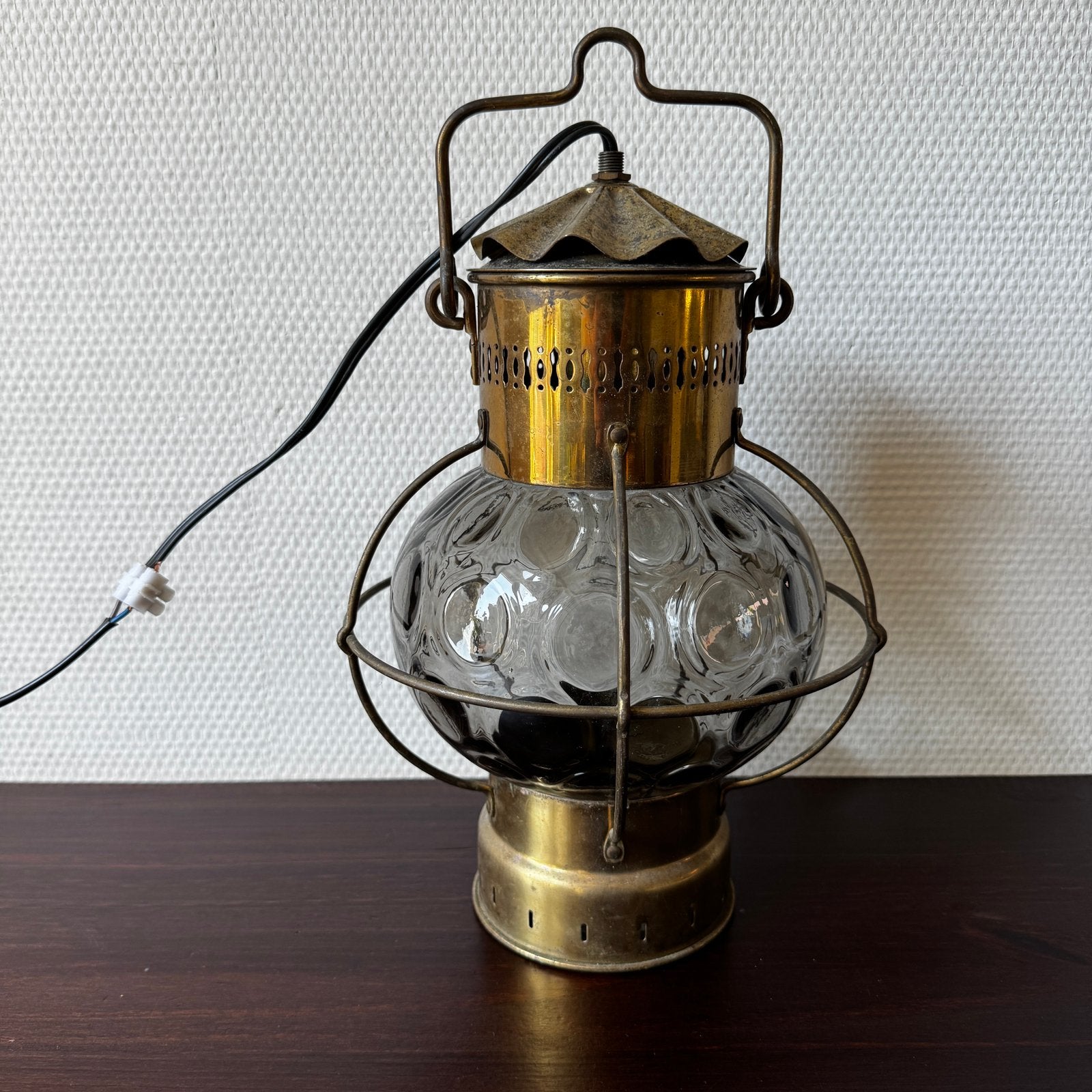 Werkende Vintage Messing Scheepslamp, Lantaarn, Hanglamp, Ophalen of Verzenden, Gebruikt, Glas, E27 (groot)