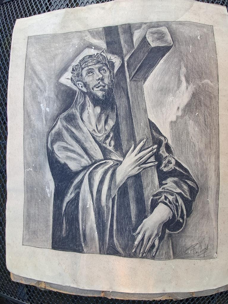 Christus met het kruis getekend door Van Vugt,afm.40x48 cm, Ophalen of Verzenden, Voor 1940, Gebruikt, Overige onderwerpen