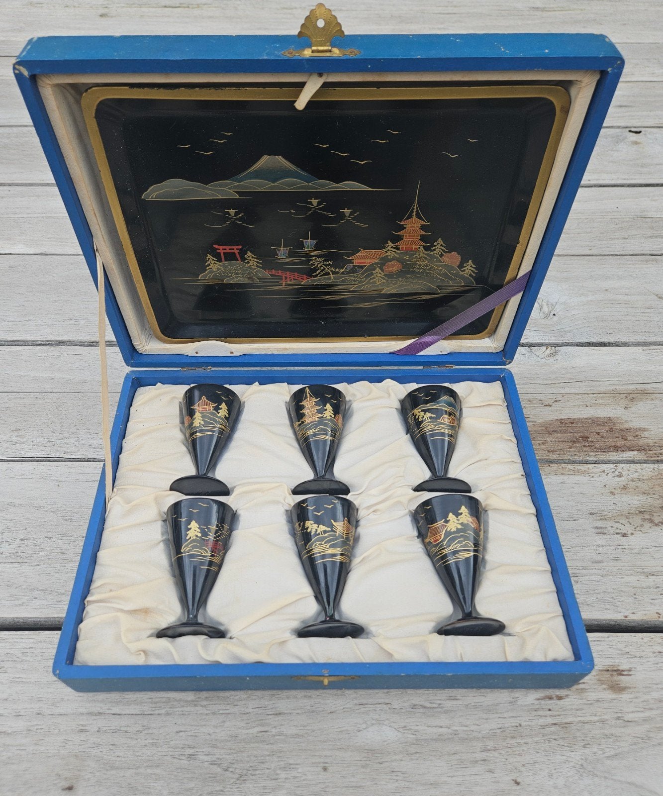 Vintage Japanse Sake Set met Dienblad en 6 Glaasjes, Ophalen of Verzenden
