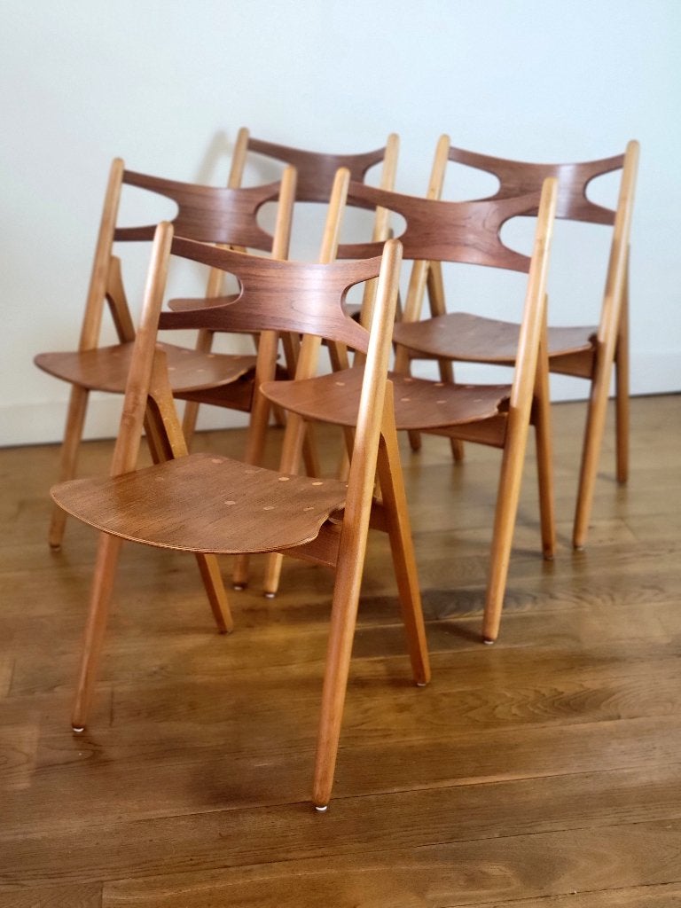 Set van vijf CH29 Sawbuck stoelen van Hans J. Wegner, Ophalen, Vintage design, Mid Centruy Modern, Deens design, Gebruikt, Bruin