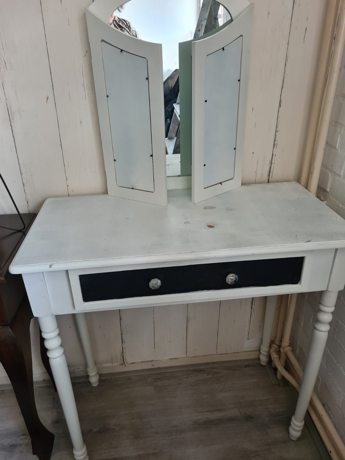Kaptafel met spiegel en lade - Wit/Zwart, Ophalen, Gebruikt, 100 tot 150 cm, 50 tot 100 cm