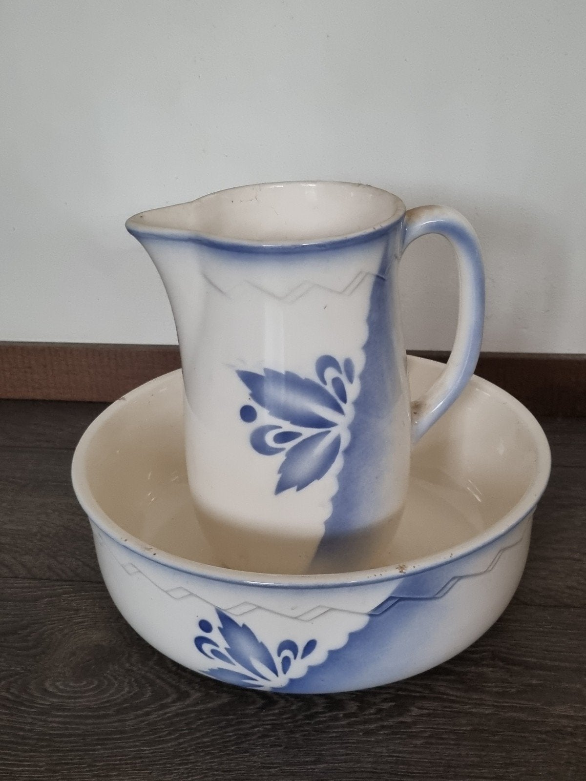 Antieke waskom en kan set - Blauw bloemmotief, Ophalen