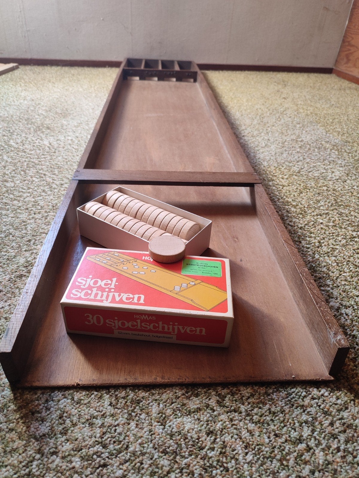Vintage Sjoelbak met sjoelschijven, Ophalen, Gebruikt