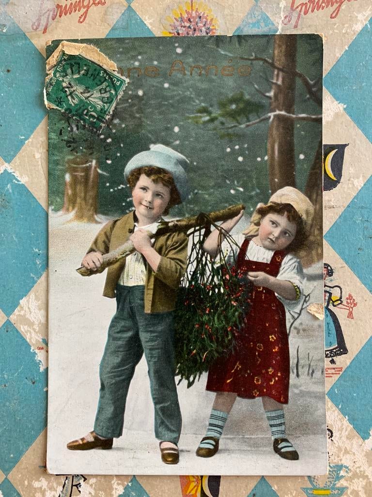 1914 Bonne Année - kindjes, maretakken (NN), Ophalen of Verzenden, Voor 1920, Gelopen, Feest(dag)